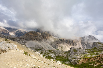 Mountain view Italian Alps. Walking summer trekking in the Dolomites