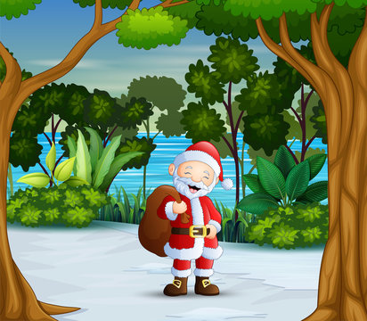 A santa claus in the winter forest