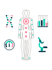 Biohacking laboratory research concept human flat vector illustration. Icons. Vital signs based on the study of the human genome. balanced using dietary supplements.