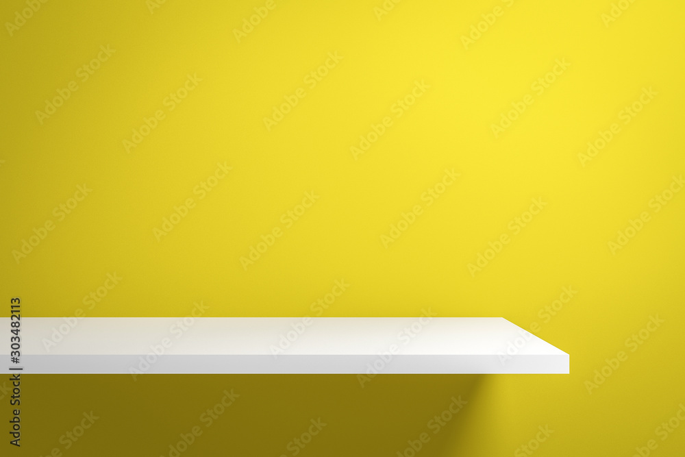 Aufkleber Front view of empty shelf on vivid yellow wall background with modern minimal concept. Display of room shelves for showing. Realistic 3D render.