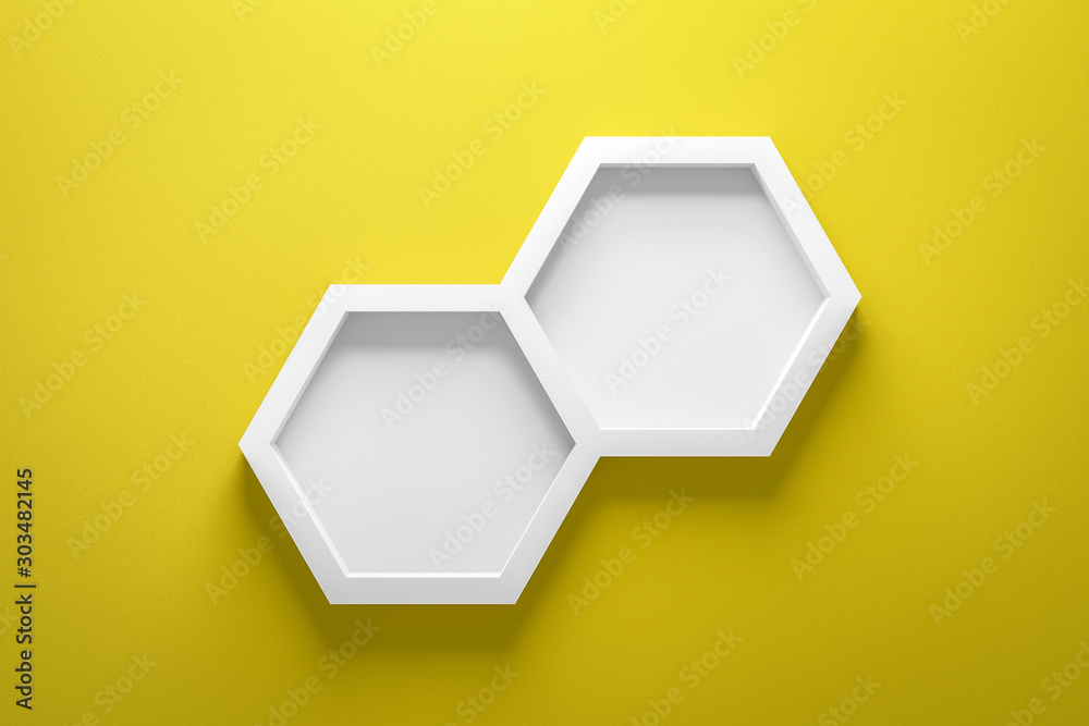 Poster Front view of empty shelf and hexagon frame on vivid yellow wall background with modern minimal concept. Display of room shelves for showing. Realistic 3D render.