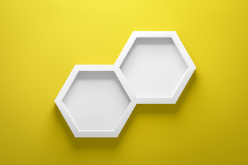Front view of empty shelf and hexagon frame on vivid yellow wall background with modern minimal...
