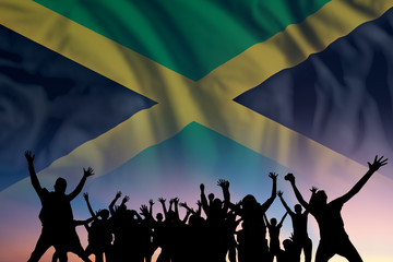 People and flag on day of Jamaica
