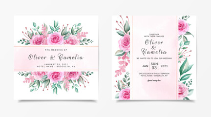 Square wedding invitation card template set with watercolor flowers decoration and gold line decoration. Peach roses illustration for background, save the date, invitation, greeting card, poster