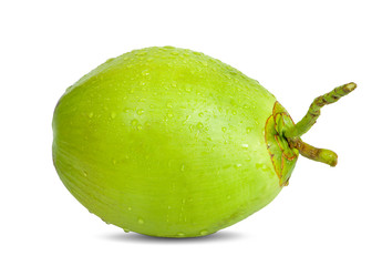 Green coconut with drops of water an isolated on white background