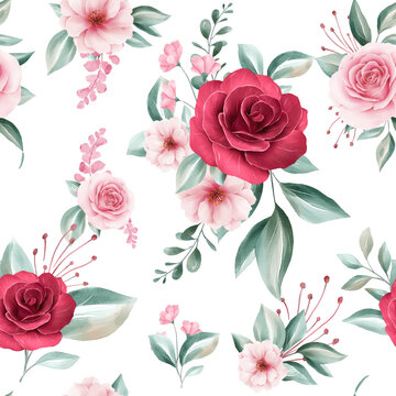 Seamless pattern of colorful watercolor flowers arrangements on white background for fashion, print, textile, fabric, and card background