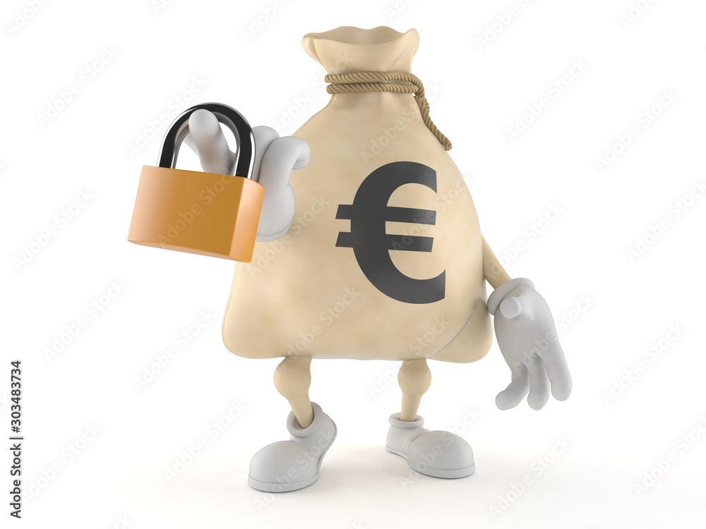 Sticker euro money bag character holding padlock