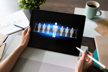 HR, Human resource management, teamwork, recruitment concept on device screen.