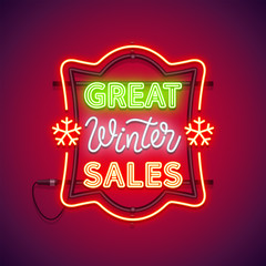 Great winter sales Christmas glowing neon sign in red frame with slowflakes. Greeting card. Vector poster illustration for your holiday projects in retro-futuristic style.