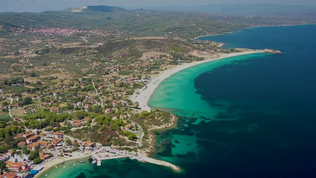 Aerial top view of Ormos Panagias and Livrohio beach Sithonia, Halkidiki, Greece