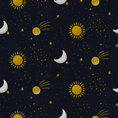 Blue galaxy seamless vector pattern background with sun, planets and star cosmic shapes.