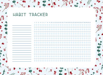 Habit tracker for month flat vector template. .Winter leaves themed blank, personal organizer with decorative frame. Traditional Christmas symbolic tree leaves, berries, bouquet  illustration 