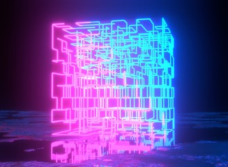 Neon background. 3d rendering maze, glowing square maze. Neon show light in dark.
