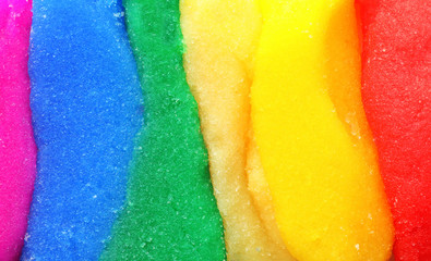 Closeup view of colorful slimes. Rainbow palette