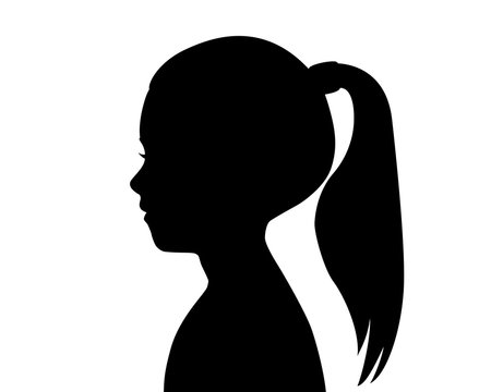 Black silhouette of a girl's head. Child profile. Long hair pulled in a ponytail. Female silhouette. Drawing isolated on a white background.  Vector stock illustration.