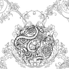 Roses and snake. Seamless pattern, background. Graphic drawing, engraving style. Vector illustration. In art nouveau style, vintage, old, retro style