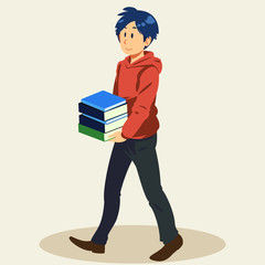 man carring books and walking. Book lover, reader, isolated on background. Flat cartoon vector illustration.