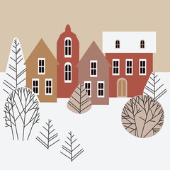 Greeting card with houses and trees on a winter day