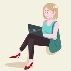 woman sitting using tablet or reading ebook. Book lover, reader, working isolated on background. Flat cartoon vector illustration.