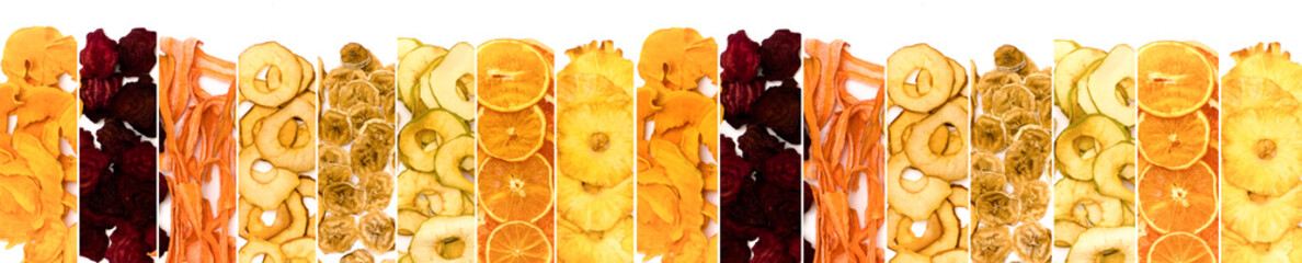 Collage of dry fruit and vegetable chips on white background. 