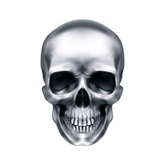 Human Metallic Skull. The Concept of Death, Horror. A Symbol of Spooky Halloween. Isolated Object on a White Background, Can be Used with any Image