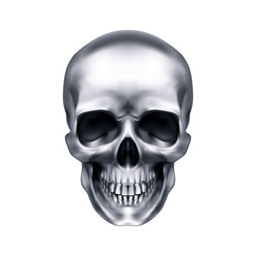 Human Metallic Skull. The Concept of Death, Horror. A Symbol of Spooky Halloween. Isolated Object on a White Background, Can be Used with any Image