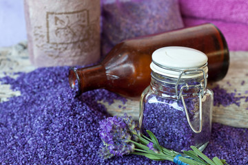 Obraz na płótnie Canvas Purple Fragrant Lavender Blossom And Salt Still Life
