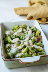 Cooked Brussel Sprouts with Milk Cream Sauce on Porcelain Bowl.