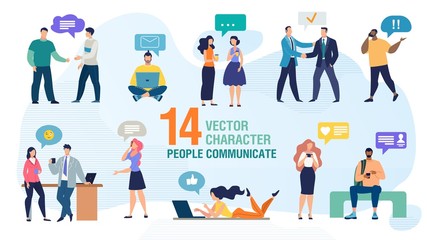 Communicating Personally and Using Gadgets People Trendy Flat Vector Characters Set. Man and Woman Talking Face to Face, Calling Friends, Messaging Online with Cellphone and Computer Illustration