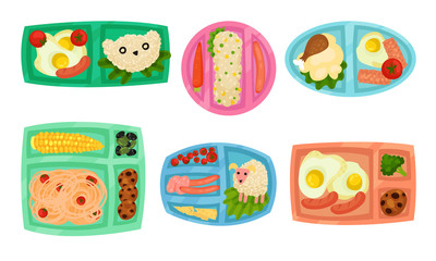 Lunch Box with Different Food Inside Vector Set