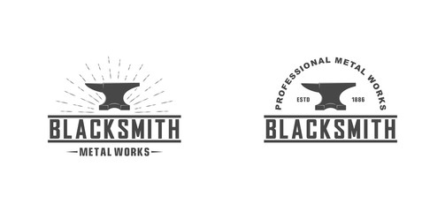 Black and white illustration of a blacksmith logo on a white background. Vector illustration of an anvil, rays and text in different variants. Professional metal work