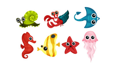 Friendly Sea Animals Vector Set For Kids Illustrated Book