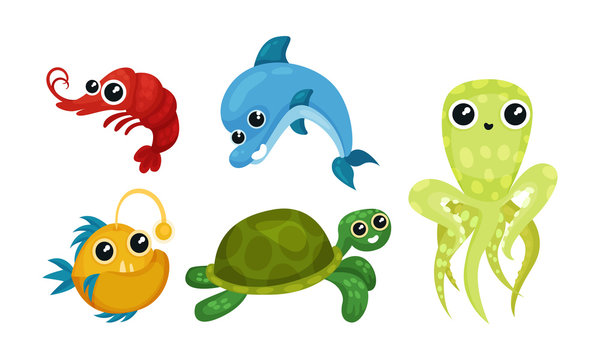Friendly Sea Animals Vector Set For Kids Illustrated Book