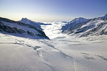 Peak and sea of clouds in Switzerland Grindelawld snow mountain