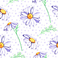 Watercolor floral seamless pattern with daisies, wildflowers, summer print