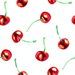 Background with red cherry berry. Watercolor summer seamless pattern