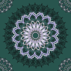 Geometric patterns, snowflakes, round lace patterns. Thin carved lines, symmetry, harmony. Wallpaper, tattoo, pattern for greeting cards, wrapping paper.  Background is gray-green.
