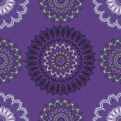 Geometric patterns, snowflakes, round lace patterns. Thin carved lines, symmetry, harmony. Wallpaper, tattoo, pattern for greeting cards, wrapping paper. The background is lilac.