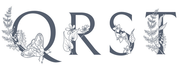 Naklejka premium Watercolor Hand Drawn tropic letters monograms or logo. Uppercase G, H, I, with jungle herbal decorations. Palm and monstera leaves, flowers and flamingo.