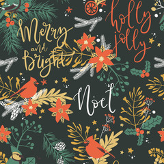 Obraz premium Seamless pattern with Christmas decorative elements - plants, branches, birds. Traditional symbols