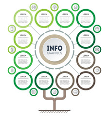 Infographic of eco technology or education process with Twelve points or months. Template of tree, info chart or diagram. Vertical green Business presentation concept with 12 options. Annual report.
