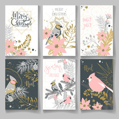 Collection of Christmas and winter cards with lettering and birds and plants, ready template