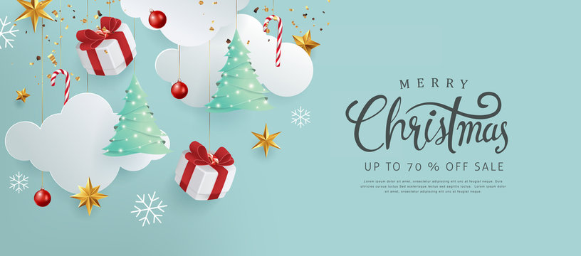 Merry christmas and happy new year banner background with Xmas festive decoration.Happy New Year poster, greeting card, header, website.Merry Christmas text Calligraphic Lettering Vector illustration.