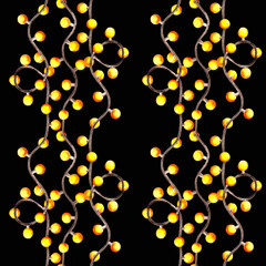 Watercolor light garland seamless pattern on black background. Christmas and birthday party, festival decoration, romantic celebration, outdoor patio lighting endless print. Wallpaper.