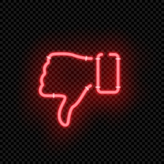 Red Thumbs down neon symbol isolated on dark transparent background. Vector design element.