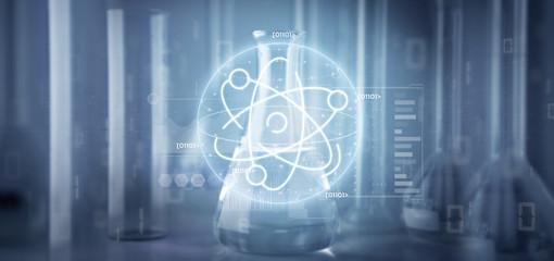 View of a atom icon surrounded by data on a lab background