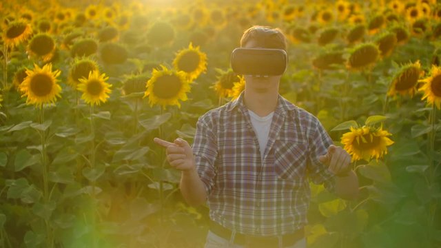 A progressive modern farmer in a field with sunflowers uses VR technology. Simulating the application's user interface. Control the irrigation system with drones. Inspect the field using drones