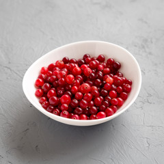Ripe organic cranberries in a white bowl over gray surface, side view. Close-up.
