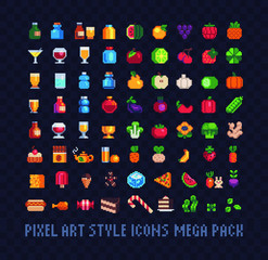 Food pixel art icons mega big set, glasses, bottles, fruits, vegetables, sweets, tea, drinks, sweets, juice. Design for stickers, logo, web and mobile app. Isolated vector illustration. 8-bit sprite.