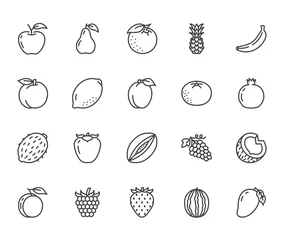 Fotobehang Fruits, berry flat line icons set. Orange, strawberry, pineapple, mango, lemon, kiwi, apple, grape vector illustrations. Outline signs for organic food store. Pixel perfect 64x64. Editable Strokes © nadiinko